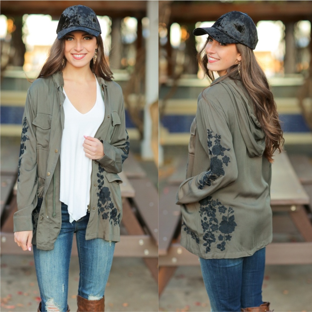 LAST ONE! Olive Embroidered ZIP Up Hoodie Jacket - Picture 3 of 4